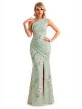 Sexy One Shoulder Side Slit Mermaid Long Satin Floral Formal Dresses For Women