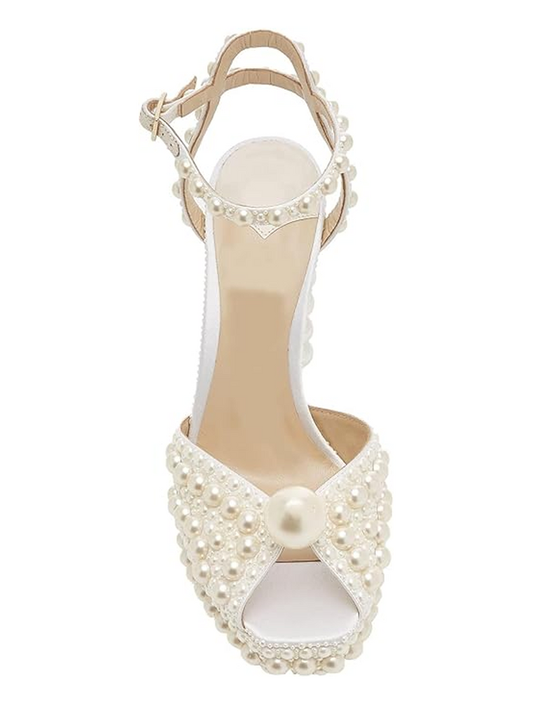 Womens Open Toe Pearl Platform Heels for Women Chunky Buckle Ankle Strap Wedding Heeled Sandals Dress Evening Bride Bridal Shoes