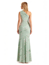 Sexy One Shoulder Side Slit Mermaid Long Satin Floral Formal Dresses For Women