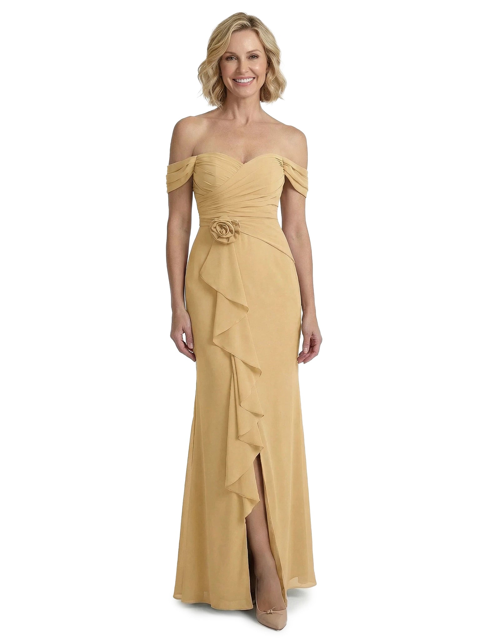 ChicSew Elegant Off The Shoulder Ruffle Chiffon Rosette Accent Mother Of The Groom Dresses With Slit