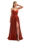 Sexy Spaghetti Straps Boning Side Slit A-Line Ruched Satin Long Formal Dresses For Women