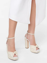 Womens Open Toe Pearl Platform Heels for Women Chunky Buckle Ankle Strap Wedding Heeled Sandals Dress Evening Bride Bridal Shoes