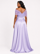 ChicSew Elegant Tulle Off Shoulder A-Line Soft Satin Ruched Floor-Length Bridesmaid Dresses