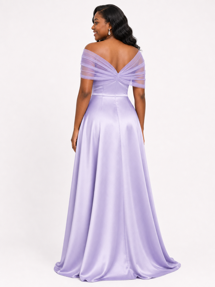 ChicSew Elegant Tulle Off Shoulder A-Line Soft Satin Ruched Floor-Length Bridesmaid Dresses