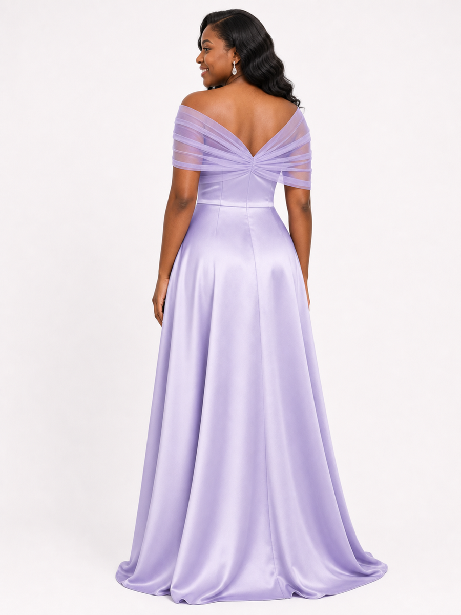 ChicSew Elegant Tulle Off Shoulder A-Line Soft Satin Ruched Floor-Length Bridesmaid Dresses