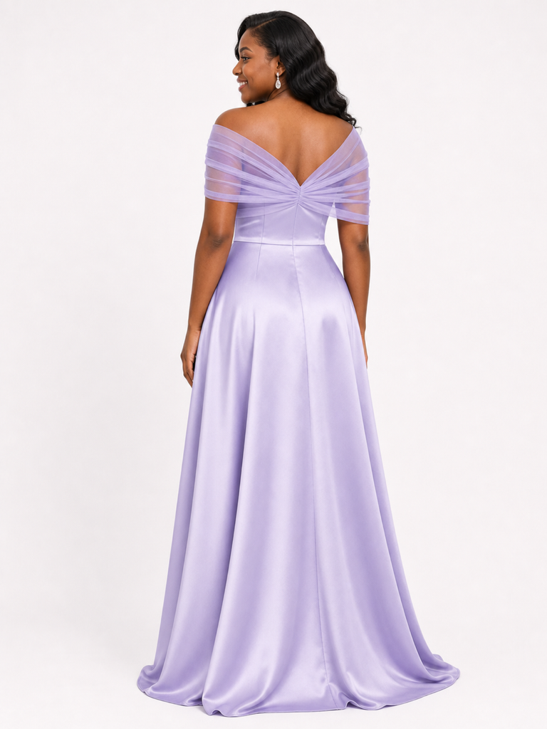 ChicSew Elegant Tulle Off Shoulder A-Line Soft Satin Ruched Floor-Length Bridesmaid Dresses