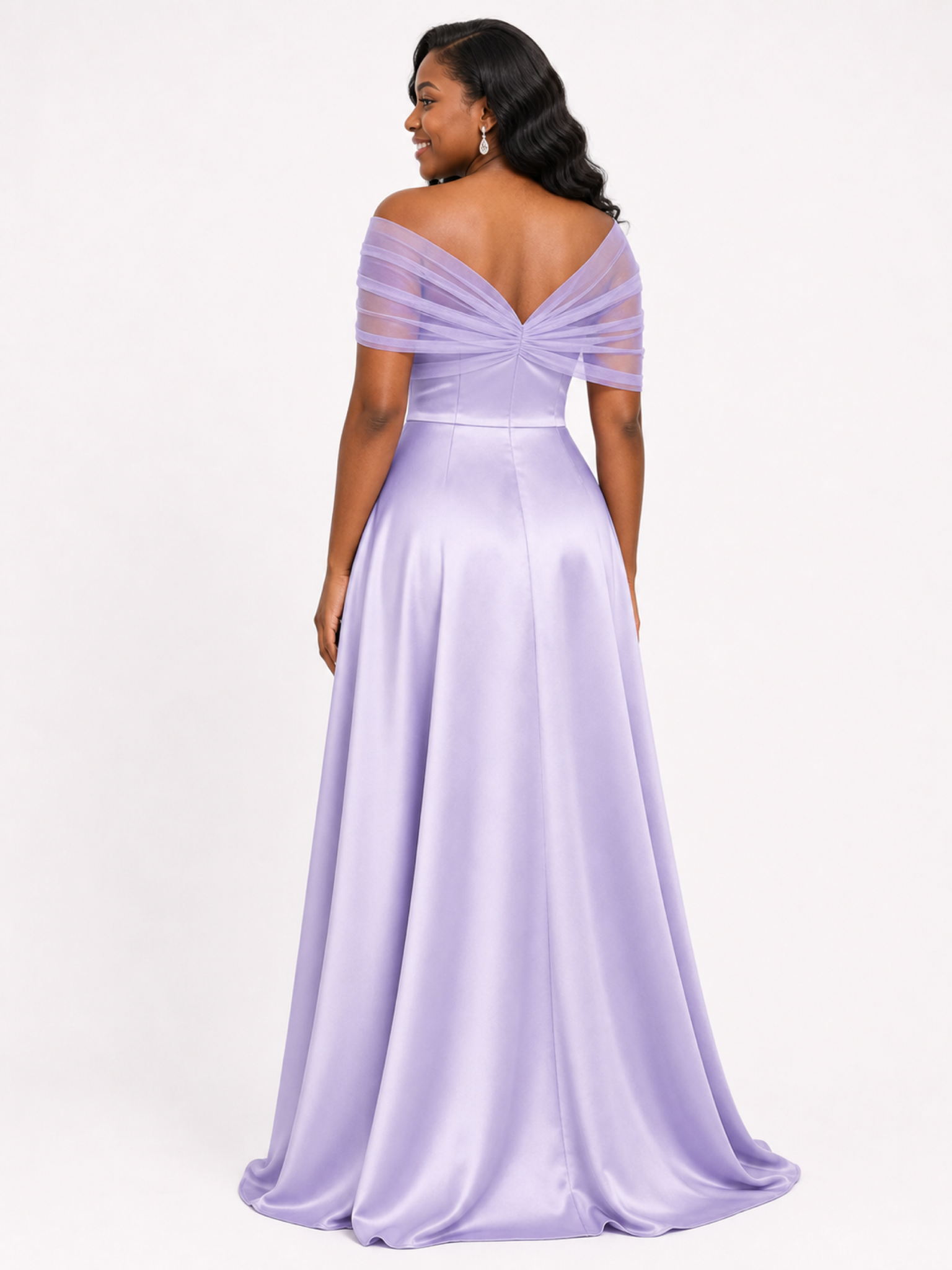 ChicSew Elegant Tulle Off Shoulder A-Line Soft Satin Ruched Floor-Length Bridesmaid Dresses