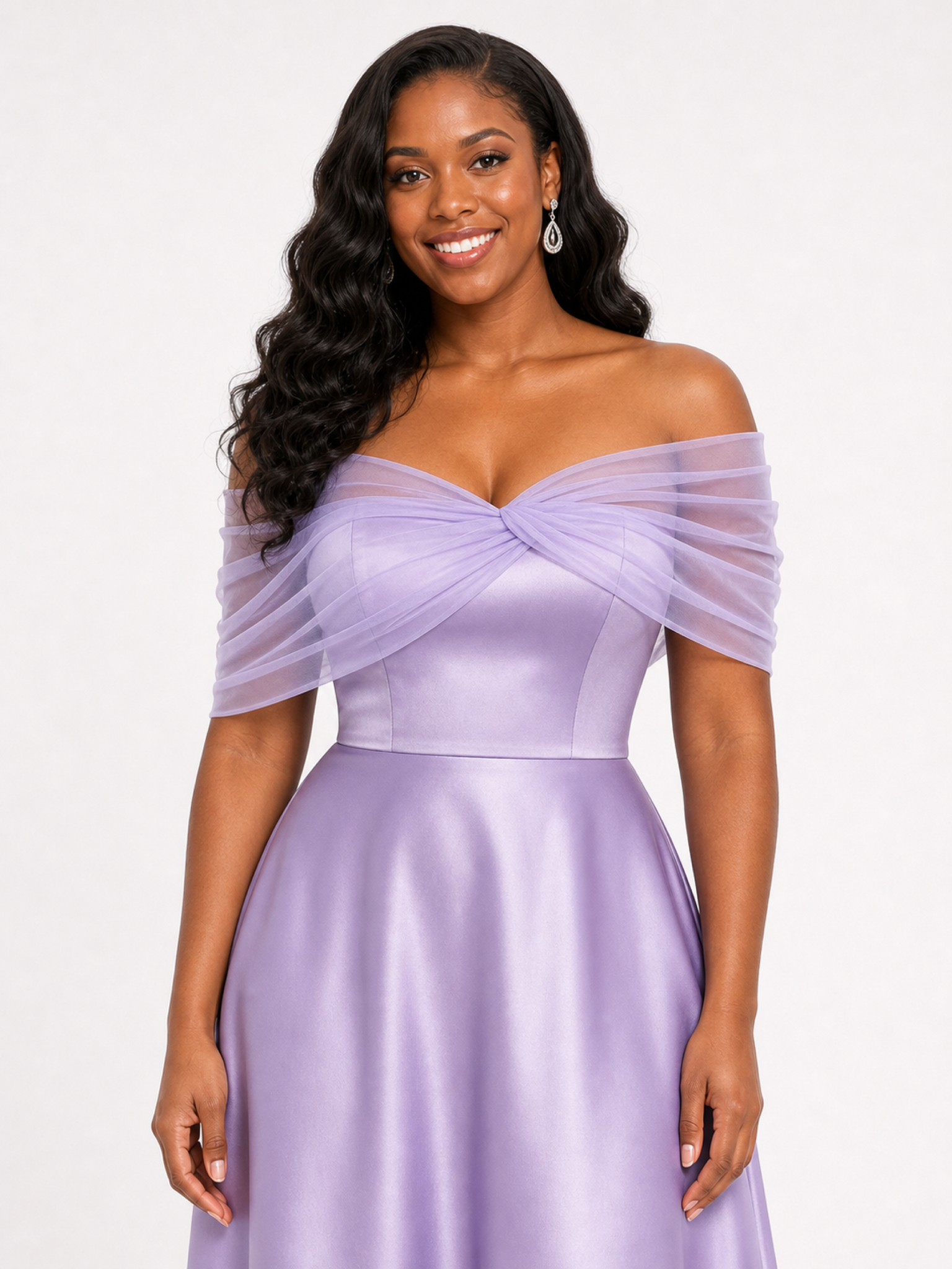 ChicSew Elegant Tulle Off Shoulder A-Line Soft Satin Ruched Floor-Length Bridesmaid Dresses