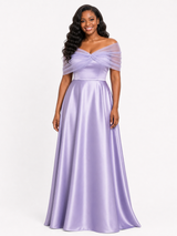 ChicSew Elegant Tulle Off Shoulder A-Line Soft Satin Ruched Floor-Length Bridesmaid Dresses
