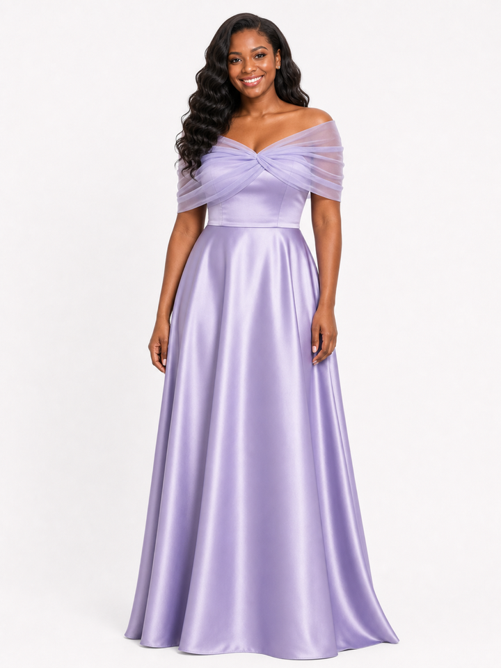 ChicSew Elegant Tulle Off Shoulder A-Line Soft Satin Ruched Floor-Length Bridesmaid Dresses