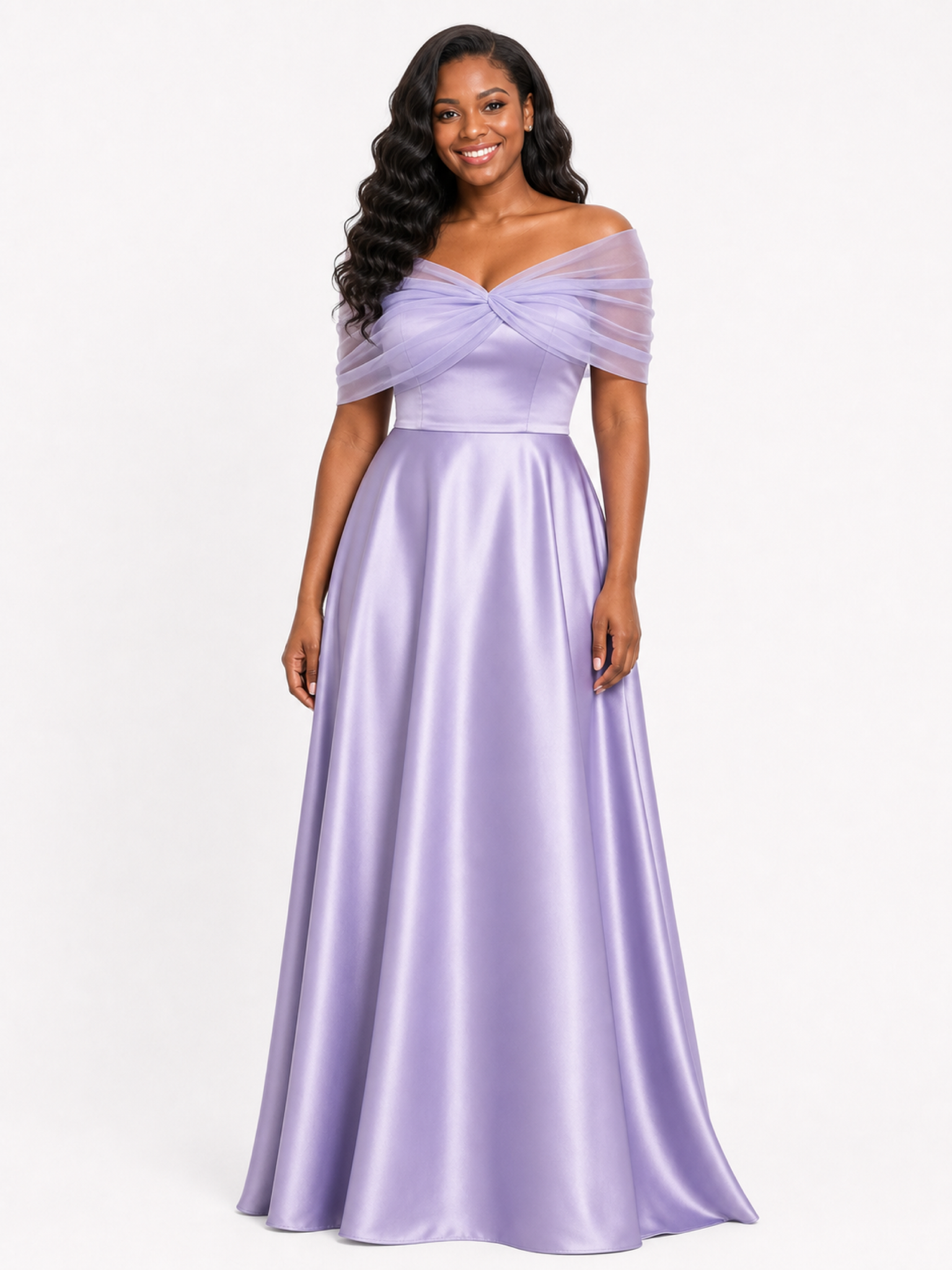 ChicSew Elegant Tulle Off Shoulder A-Line Soft Satin Ruched Floor-Length Bridesmaid Dresses