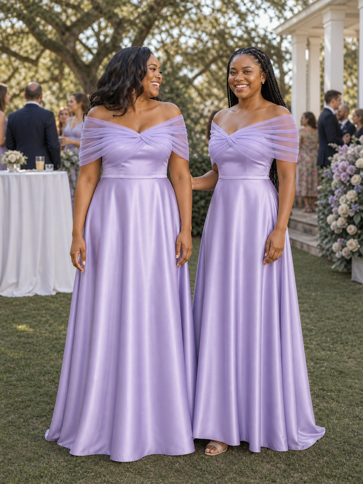 ChicSew Elegant Tulle Off Shoulder A-Line Soft Satin Ruched Floor-Length Bridesmaid Dresses
