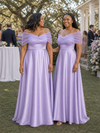 ChicSew Elegant Tulle Off Shoulder A-Line Soft Satin Ruched Floor-Length Bridesmaid Dresses