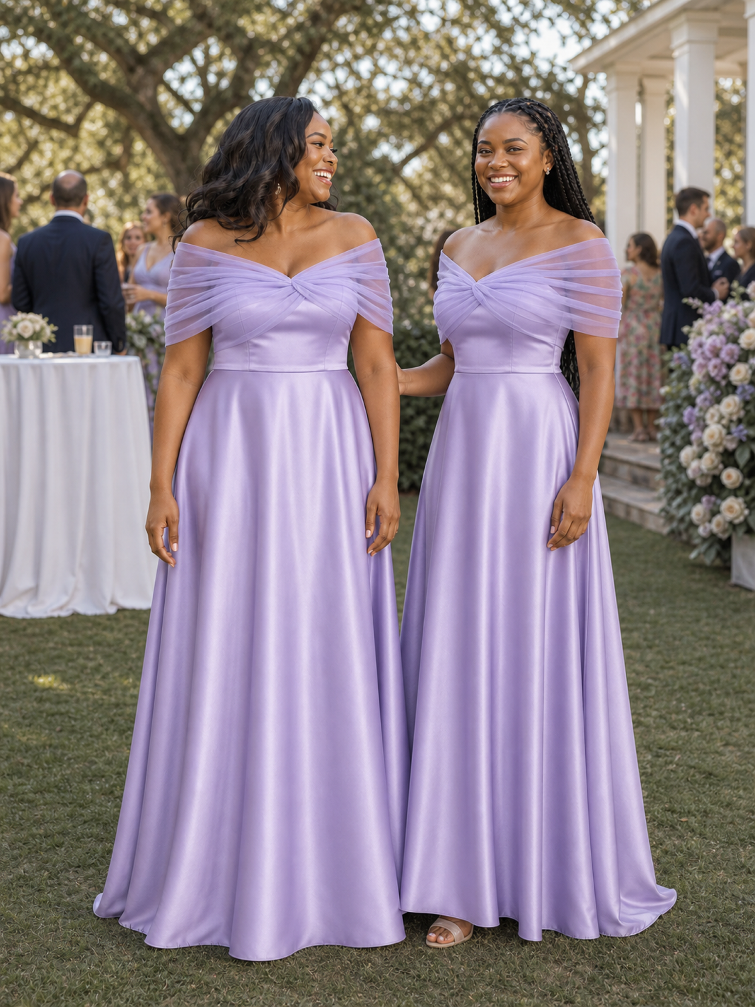 ChicSew Elegant Tulle Off Shoulder A-Line Soft Satin Ruched Floor-Length Bridesmaid Dresses