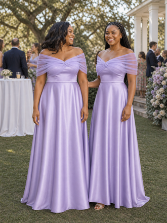 ChicSew Elegant Tulle Off Shoulder A-Line Soft Satin Ruched Floor-Length Bridesmaid Dresses