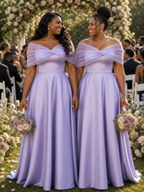 ChicSew Elegant Tulle Off Shoulder A-Line Soft Satin Ruched Floor-Length Bridesmaid Dresses