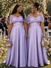 ChicSew Elegant Tulle Off Shoulder A-Line Soft Satin Ruched Floor-Length Bridesmaid Dresses