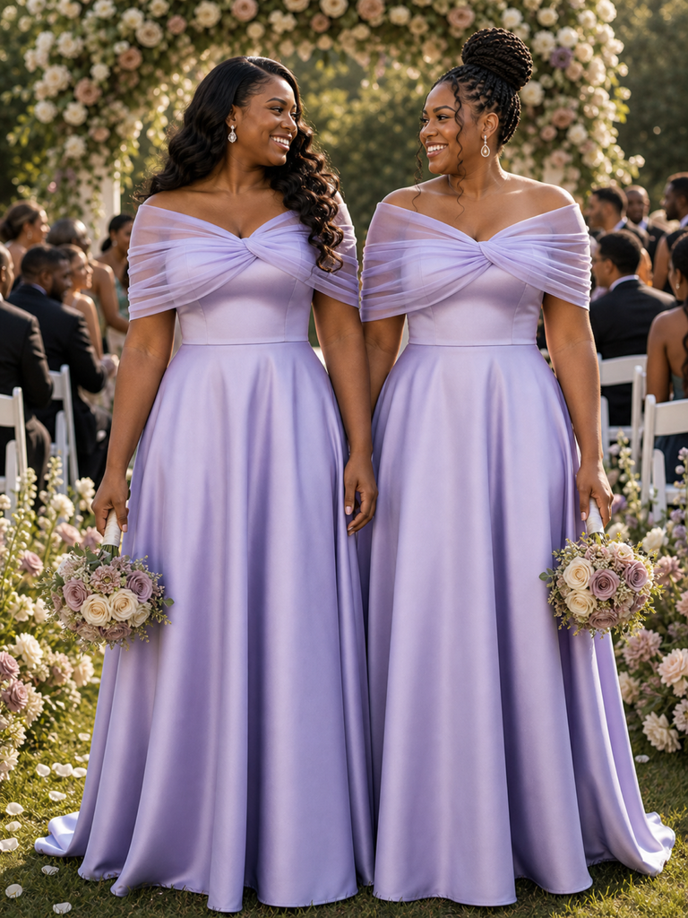 ChicSew Elegant Tulle Off Shoulder A-Line Soft Satin Ruched Floor-Length Bridesmaid Dresses