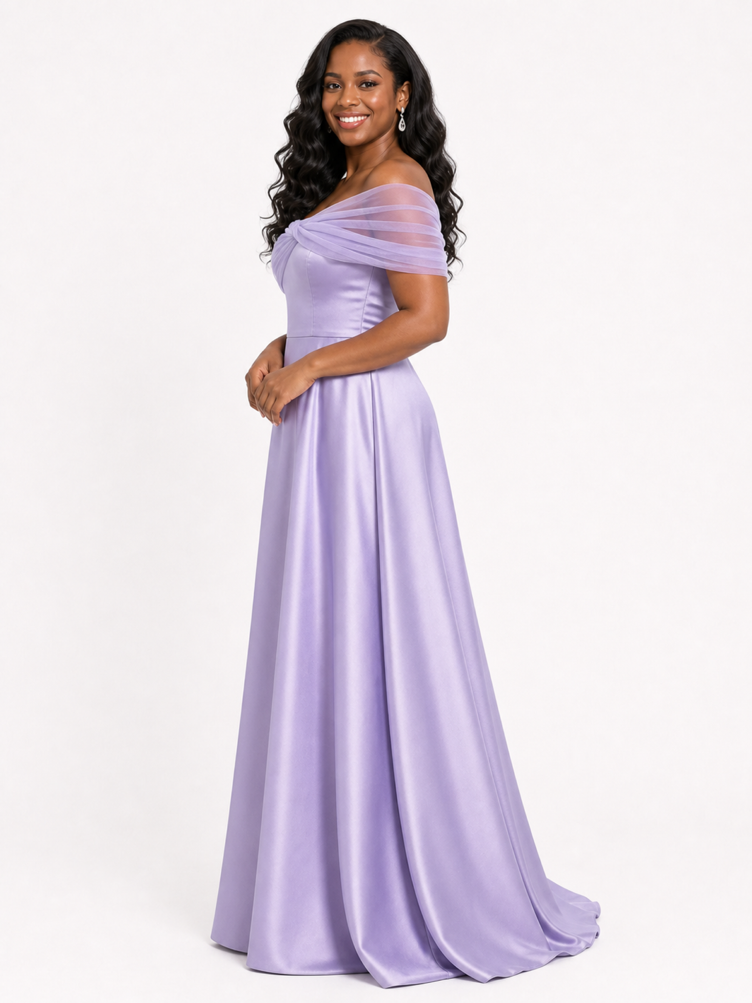 ChicSew Elegant Tulle Off Shoulder A-Line Soft Satin Ruched Floor-Length Bridesmaid Dresses