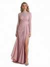 Elegant Long Sleeves Ruched A-line Side Slit Beading Long Mother of The Bride Dresses