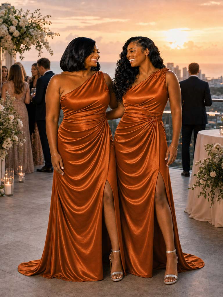ChicSew Mermaid Side Slit One Shoulder Soft Satin Maxi Bridesmaid Dresses With Ruching