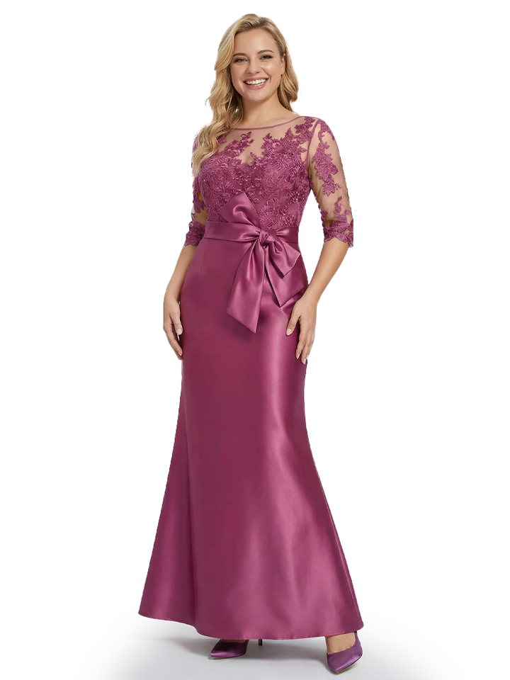 Fancy Illusion Mother Of The Bride Dress Satin Lace Sheath Half Sleeves With Bow Knot