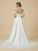 A-Line Off The Shoulder Side Slit Boning Maxi Long Satin Wedding Gowns Online
