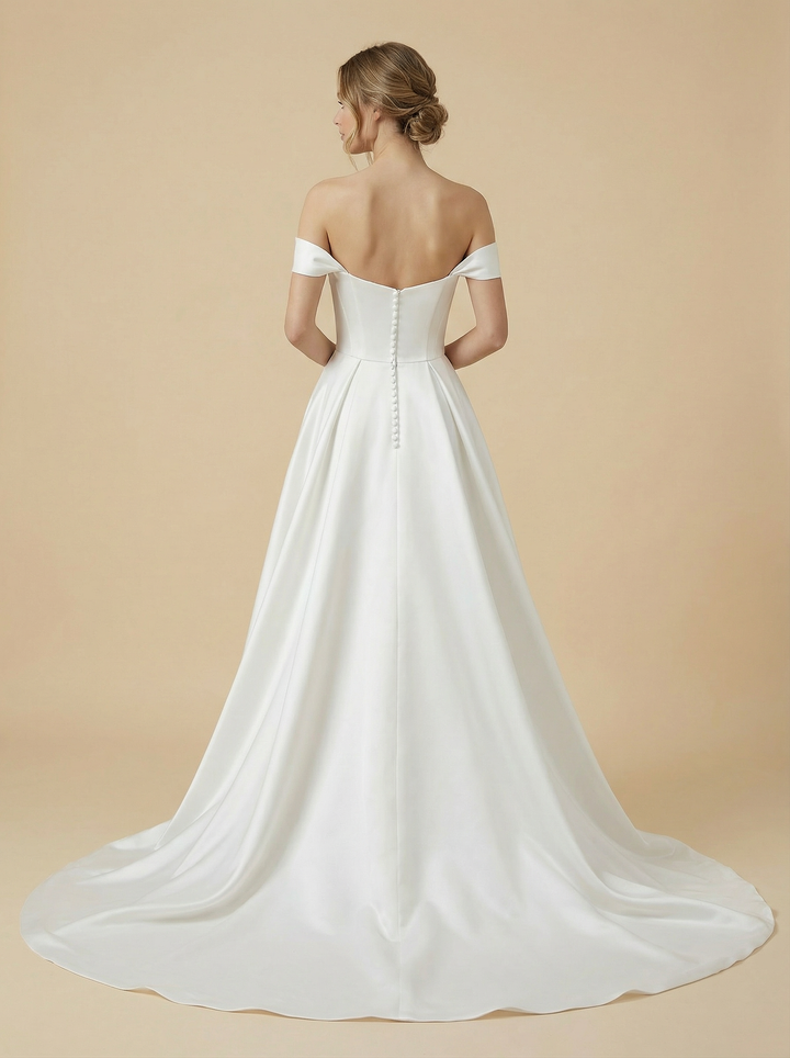 A-Line Off The Shoulder Side Slit Boning Maxi Long Satin Wedding Gowns Online