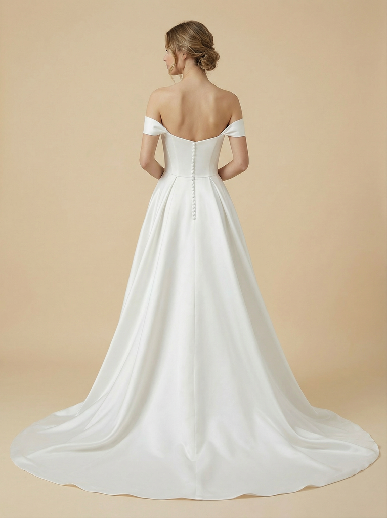 A-Line Off The Shoulder Side Slit Boning Maxi Long Satin Wedding Gowns Online