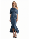 Elegant Asymmetrical Silky Satin Mermaid Tea-Length Formal Evening Gowns For Women