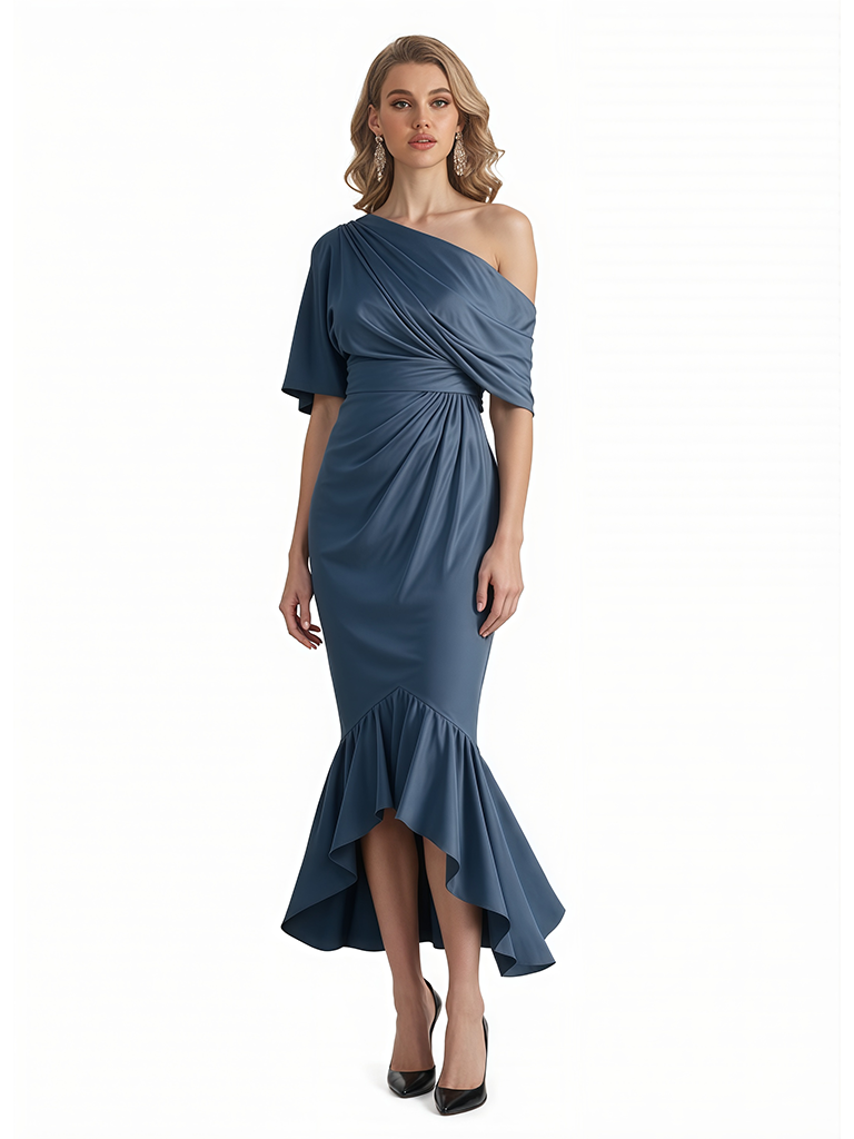 Elegant Asymmetrical Silky Satin Mermaid Tea-Length Formal Evening Gowns For Women
