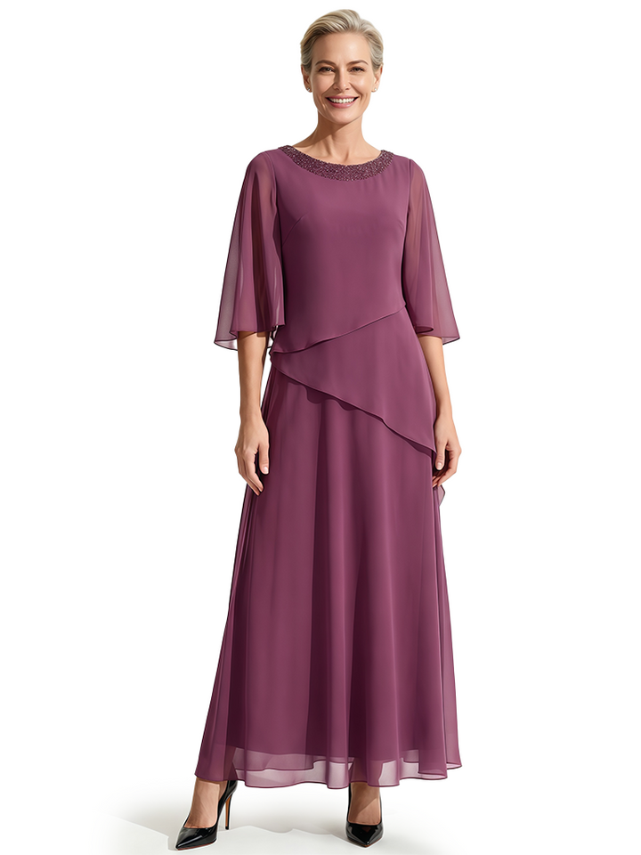 Beautiful Chiffon Beaded Jewel Mother Of The Groom Gown With Half Cape Sleeves