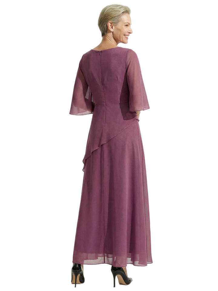 Beautiful Chiffon Beaded Jewel Mother Of The Groom Gown With Half Cape Sleeves