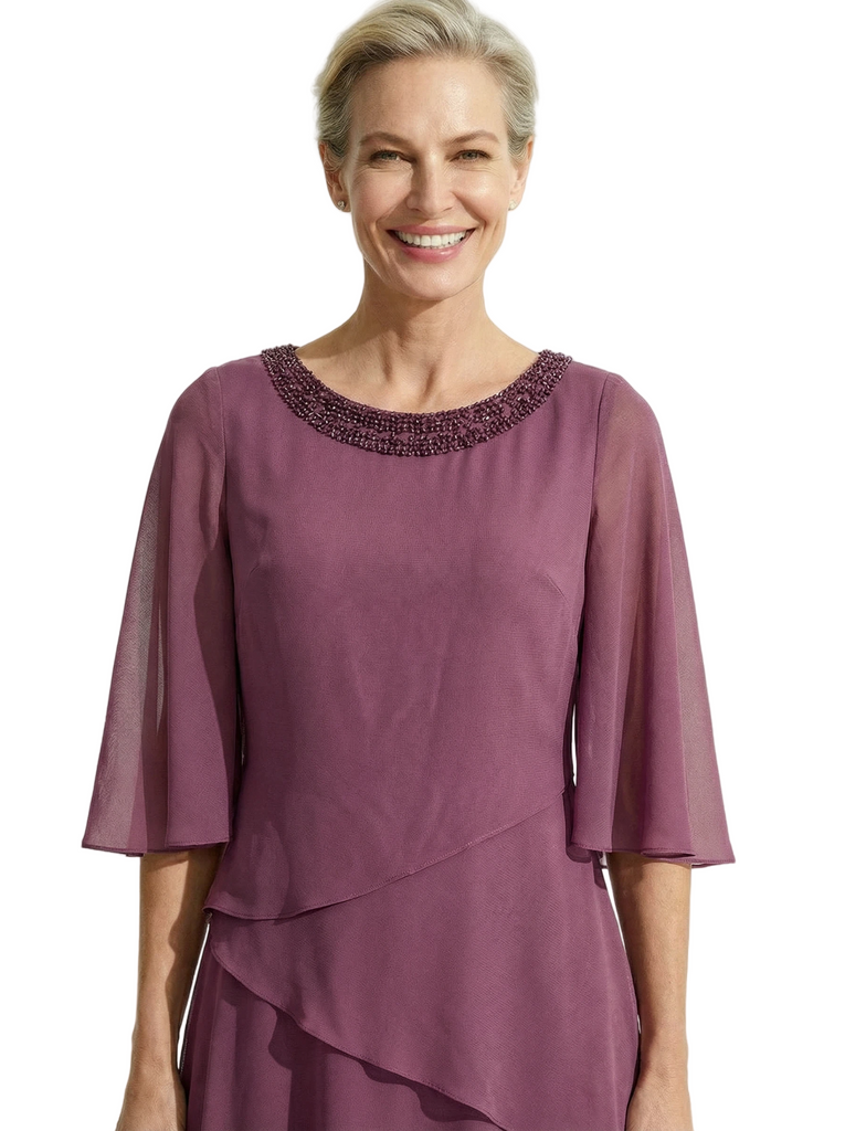 Beautiful Chiffon Beaded Jewel Mother Of The Groom Gown With Half Cape Sleeves