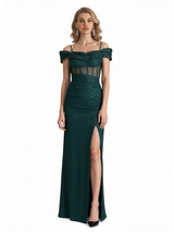 Shiny Mermaid Glitter Jersey Cold Shoulder Side Slit Long Formal Dresses For Women
