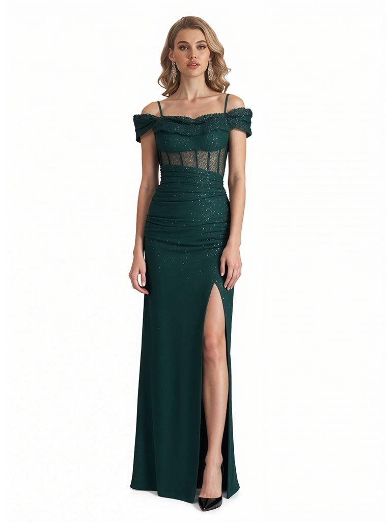 Shiny Mermaid Glitter Jersey Cold Shoulder Side Slit Long Formal Dresses For Women