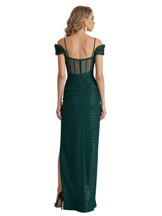 Shiny Mermaid Glitter Jersey Cold Shoulder Side Slit Long Formal Dresses For Women