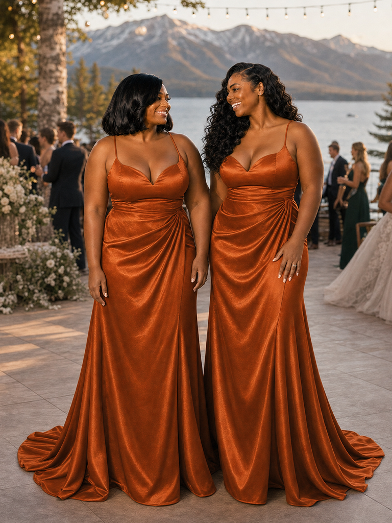 ChicSew Sexy Ruched Spaghetti Straps Mermaid Soft Satin Maxi Bridesmaid Dresses