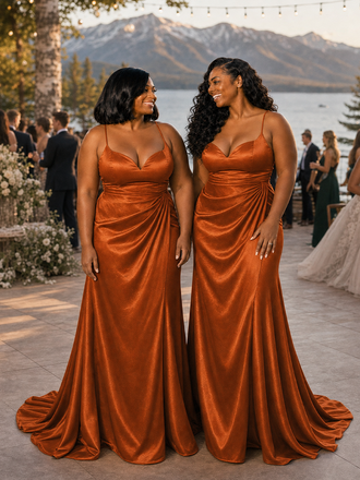 ChicSew Sexy Ruched Spaghetti Straps Mermaid Soft Satin Maxi Bridesmaid Dresses
