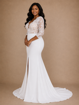 ChicSew Elegant Mermaid V-Neck 3/4 Sleeves Slit Lace Crepe Floor-Length Wedding Dress