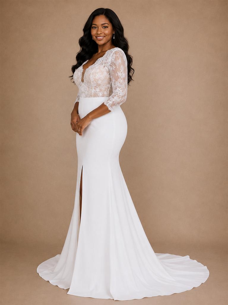 ChicSew Elegant Mermaid V-Neck 3/4 Sleeves Slit Lace Crepe Floor-Length Wedding Dress