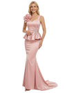 Unique Pretty V-Neck Rhinestone Ruffles Satin Prom Gown Mermaid Long Dress