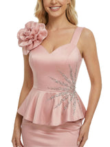 Unique Pretty V-Neck Rhinestone Ruffles Satin Prom Gown Mermaid Long Dress