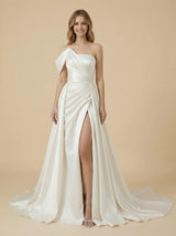 A-Line One Shoulder Side Slit Beading Maxi Long Satin Wedding Dresses Online