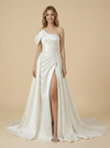 A-Line One Shoulder Side Slit Beading Maxi Long Satin Wedding Dresses Online