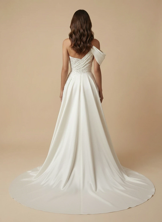 A-Line One Shoulder Side Slit Beading Maxi Long Satin Wedding Dresses Online