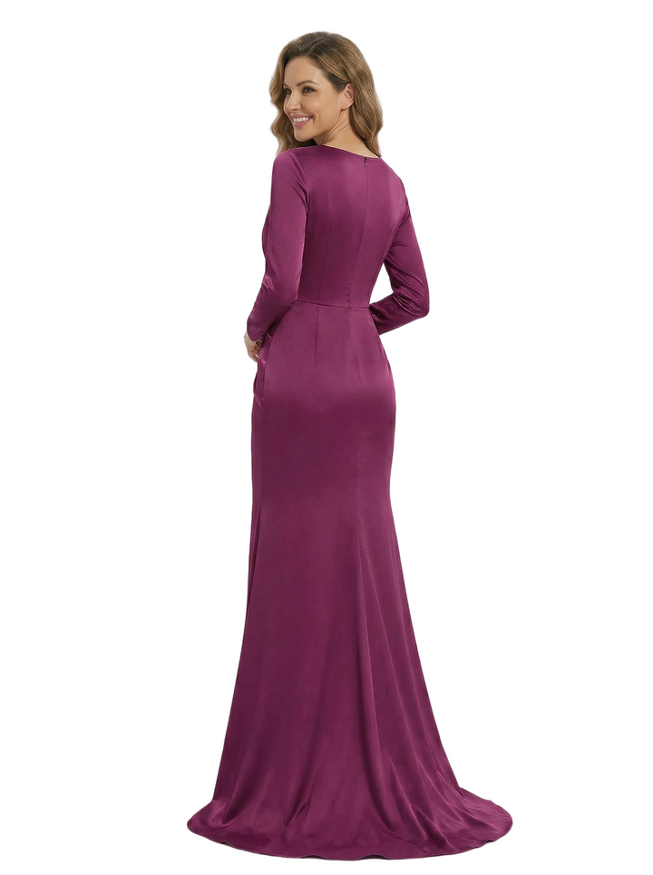 Elegant V-Neck Satin Ruched Mother Of The Bride Gown With Long Sleeves Floor Length
