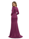 Elegant V-Neck Satin Ruched Mother Of The Bride Gown With Long Sleeves Floor Length