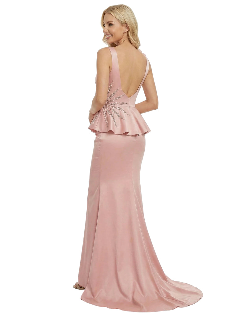 Unique Pretty V-Neck Rhinestone Ruffles Satin Prom Gown Mermaid Long Dress