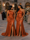 ChicSew Sexy Side Slit One Shoulder Mermaid Soft Satin Maxi Bridesmaid Dresses